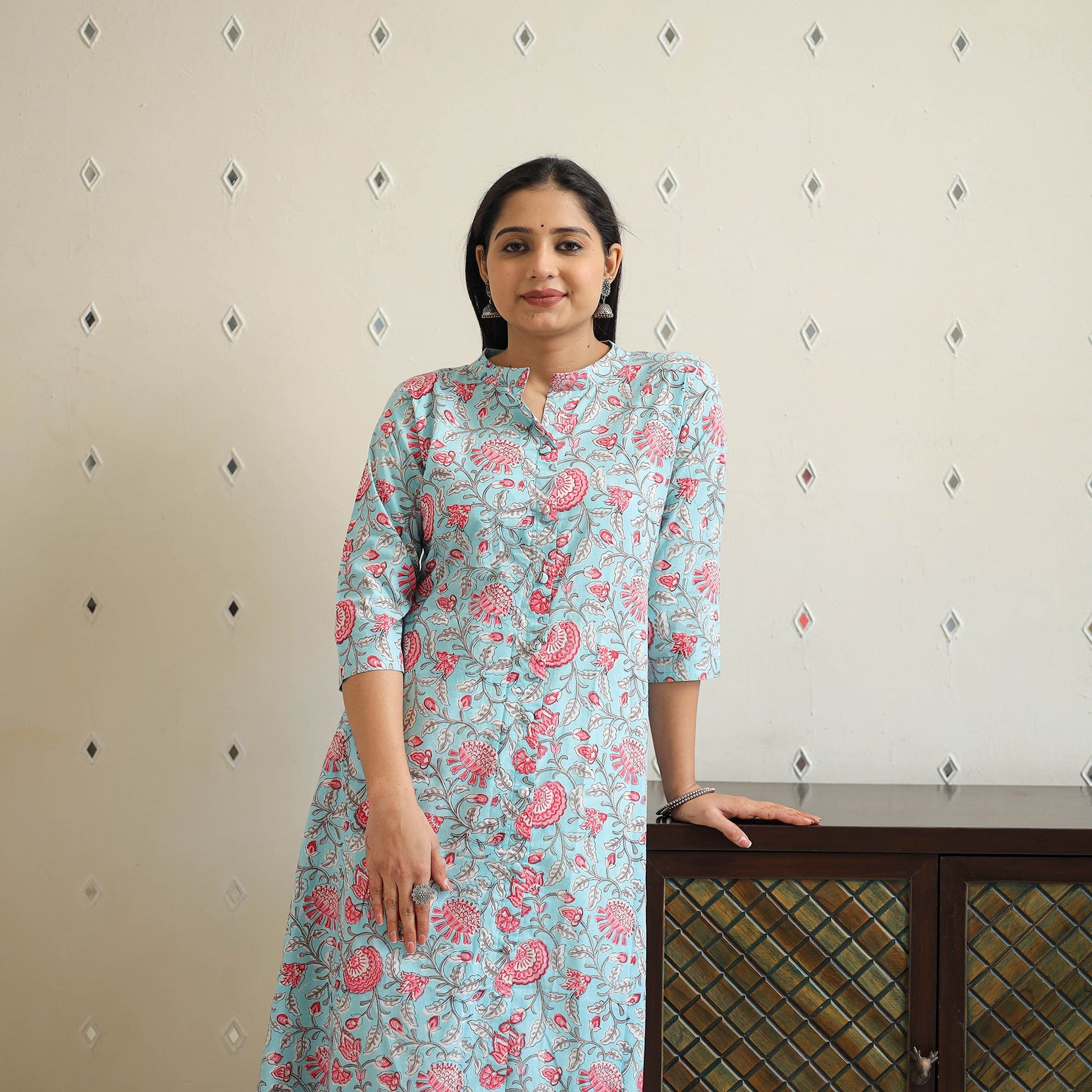 Blue - Block Print Cotton A-Line Sanganeri Kurta 26