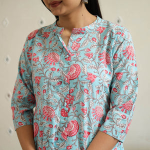 Blue - Block Print Cotton A-Line Sanganeri Kurta 26