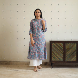 Blue - Block Print Cotton A-Line Sanganeri Kurta 24