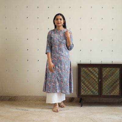 Blue - Block Print Cotton A-Line Sanganeri Kurta 24