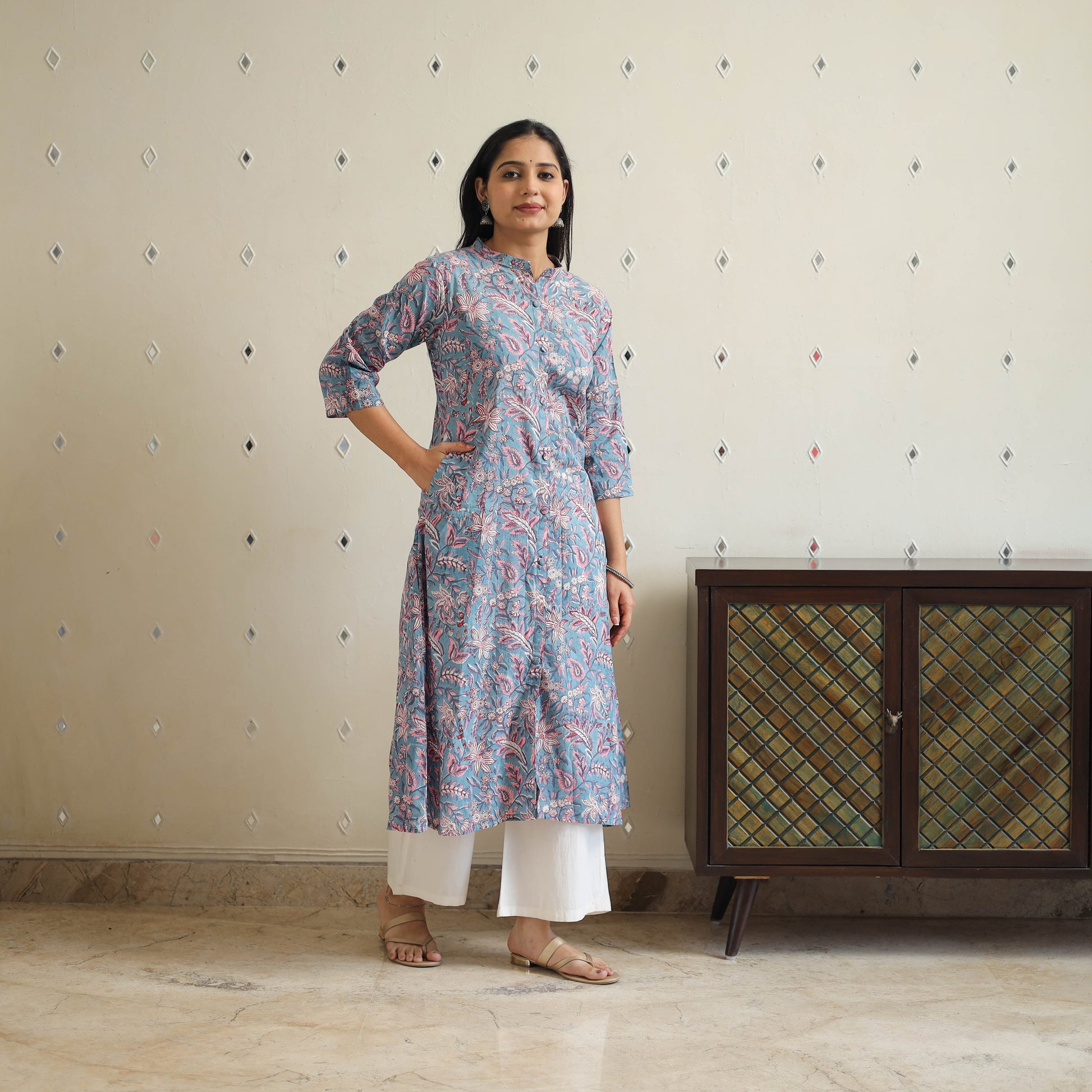 Blue - Block Print Cotton A-Line Sanganeri Kurta 24