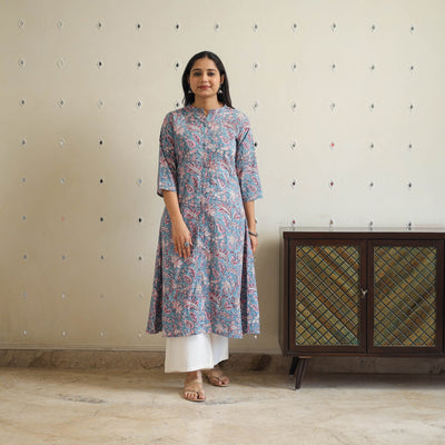 Blue - Block Print Cotton A-Line Sanganeri Kurta 24