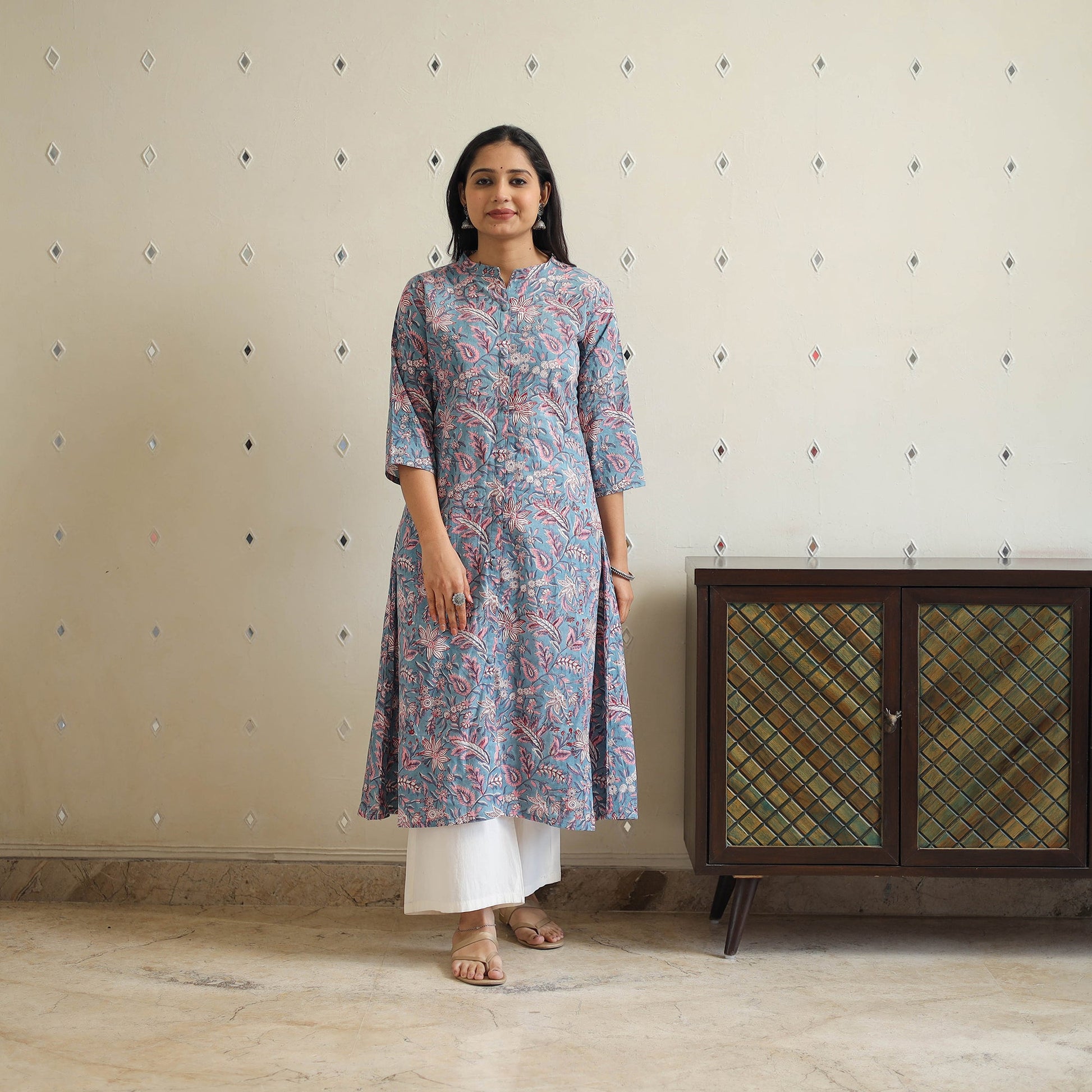 Blue - Block Print Cotton A-Line Sanganeri Kurta 24