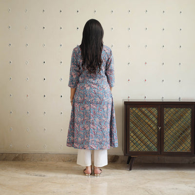 Blue - Block Print Cotton A-Line Sanganeri Kurta 24