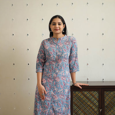 Blue - Block Print Cotton A-Line Sanganeri Kurta 24
