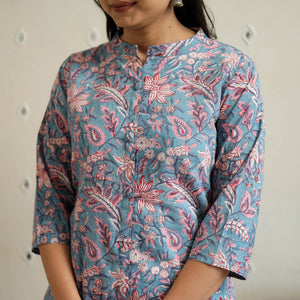 Blue - Block Print Cotton A-Line Sanganeri Kurta 24