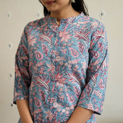 Blue - Block Print Cotton A-Line Sanganeri Kurta 24