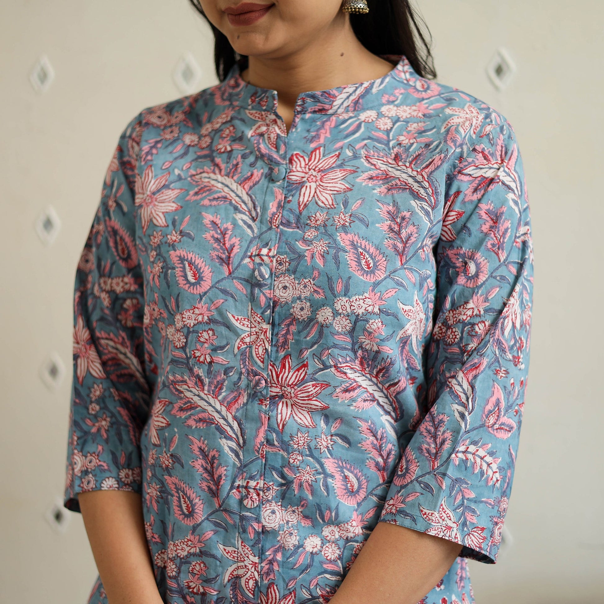 Blue - Block Print Cotton A-Line Sanganeri Kurta 24