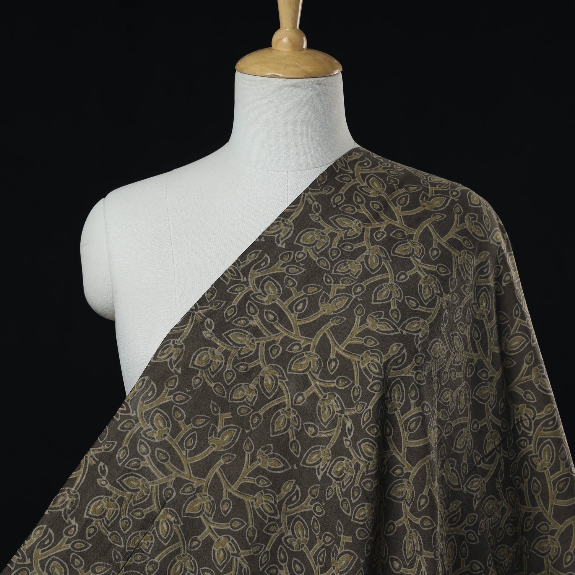 Brown - Mulberry Silk Cotton Akola Hand Block Printed Handloom Fabric