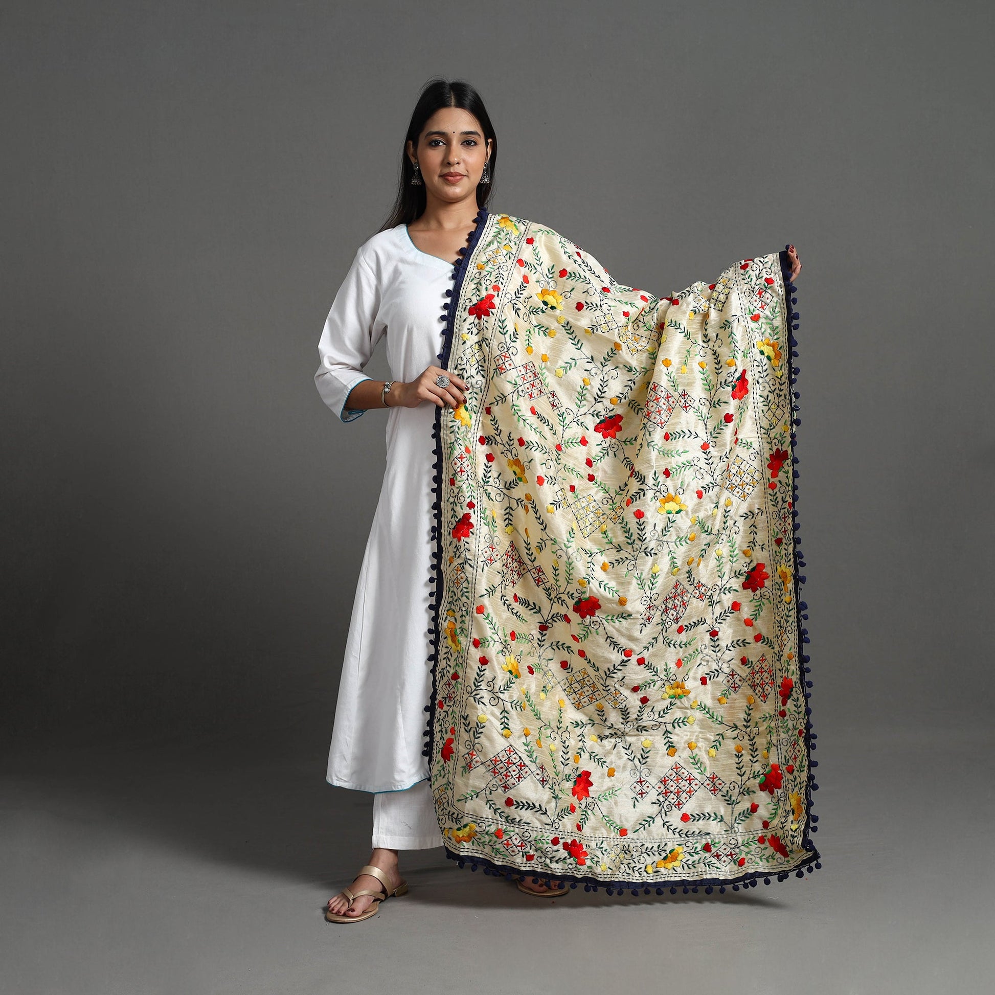 Beige - Hand Embroidery Chanderi Silk Phulkari Dupatta 14