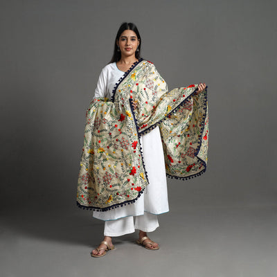 Beige - Hand Embroidery Chanderi Silk Phulkari Dupatta 14