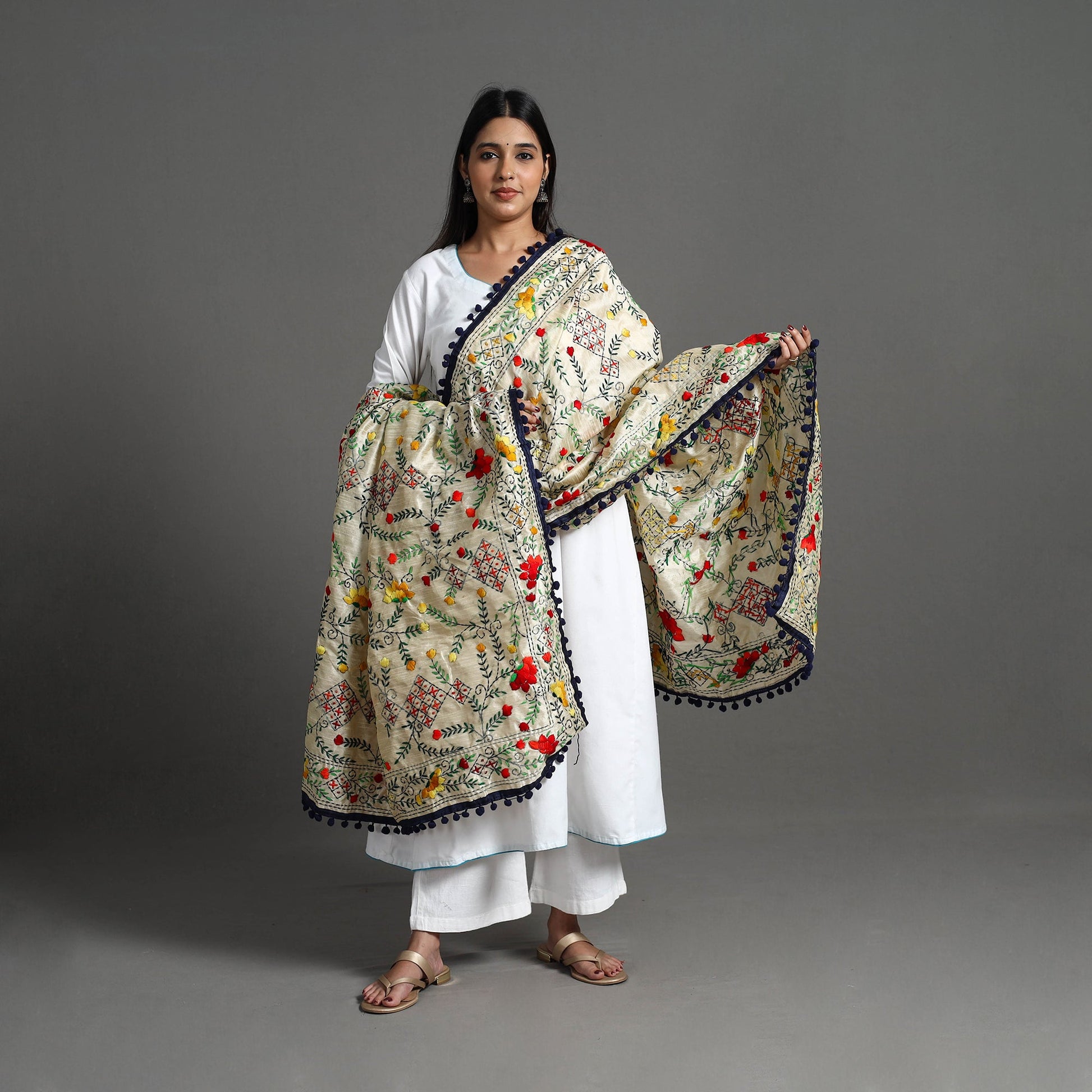 Beige - Hand Embroidery Chanderi Silk Phulkari Dupatta 14