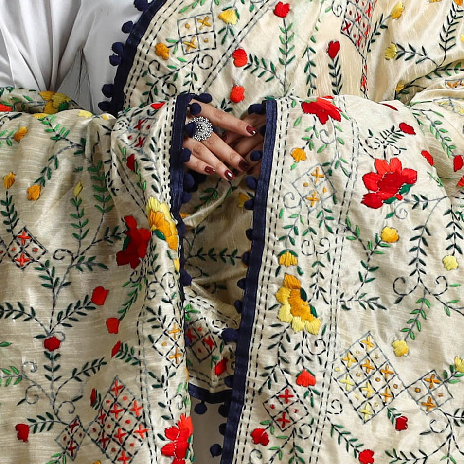 Beige - Hand Embroidery Chanderi Silk Phulkari Dupatta 14