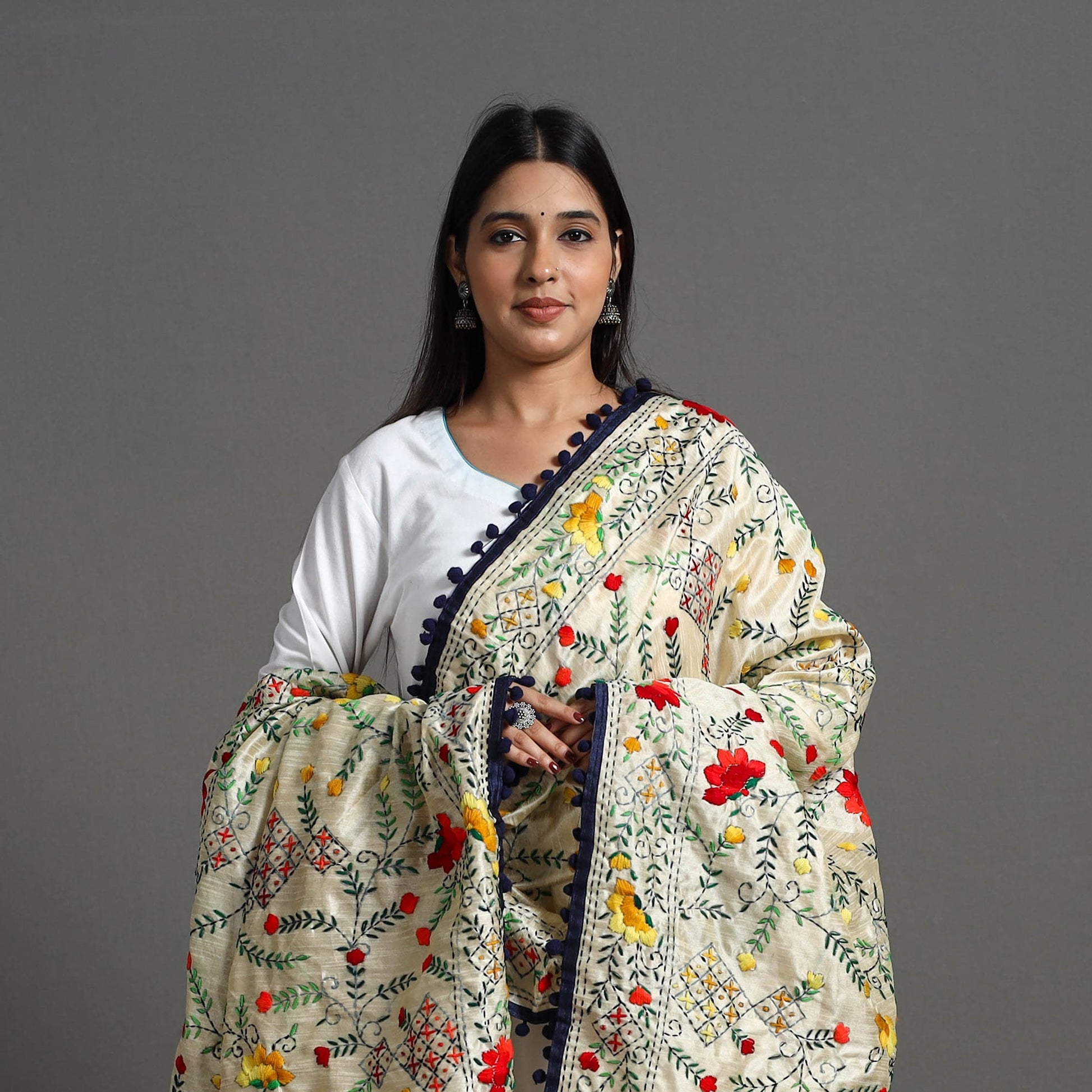 Beige - Hand Embroidery Chanderi Silk Phulkari Dupatta 14
