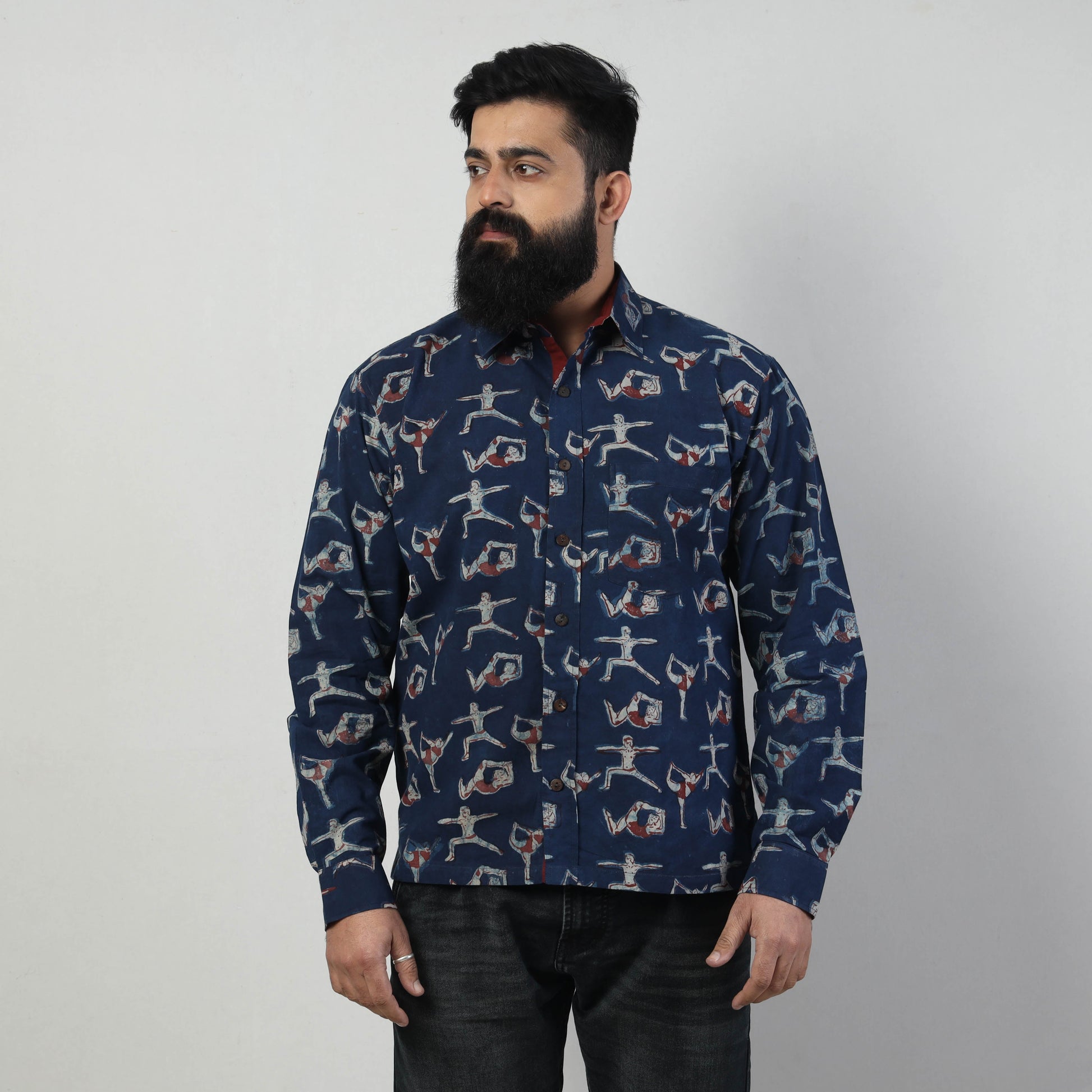 Blue - Bindaas Block Art Printed Cotton Men Full Sleeve Shirt