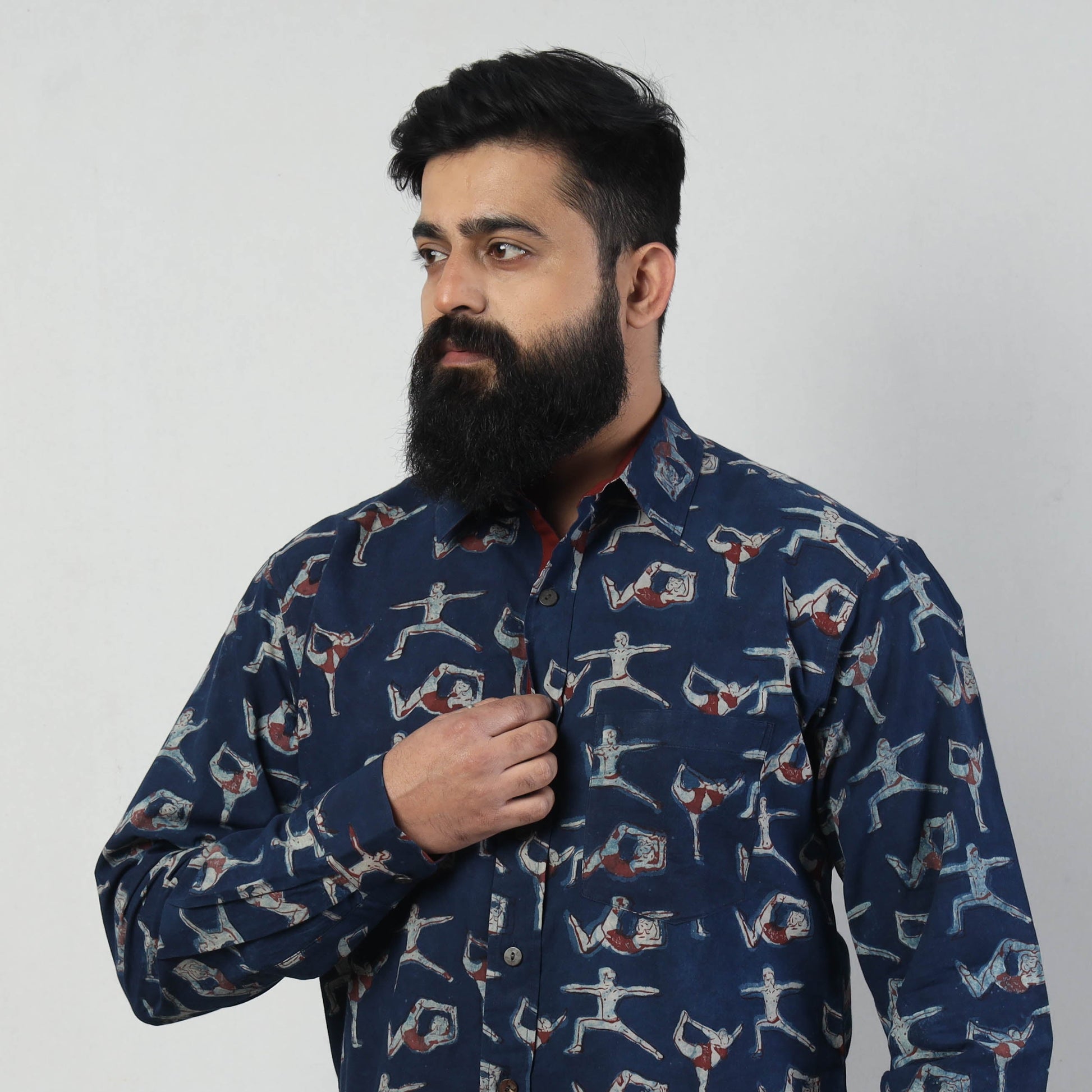 Blue - Bindaas Block Art Printed Cotton Men Full Sleeve Shirt