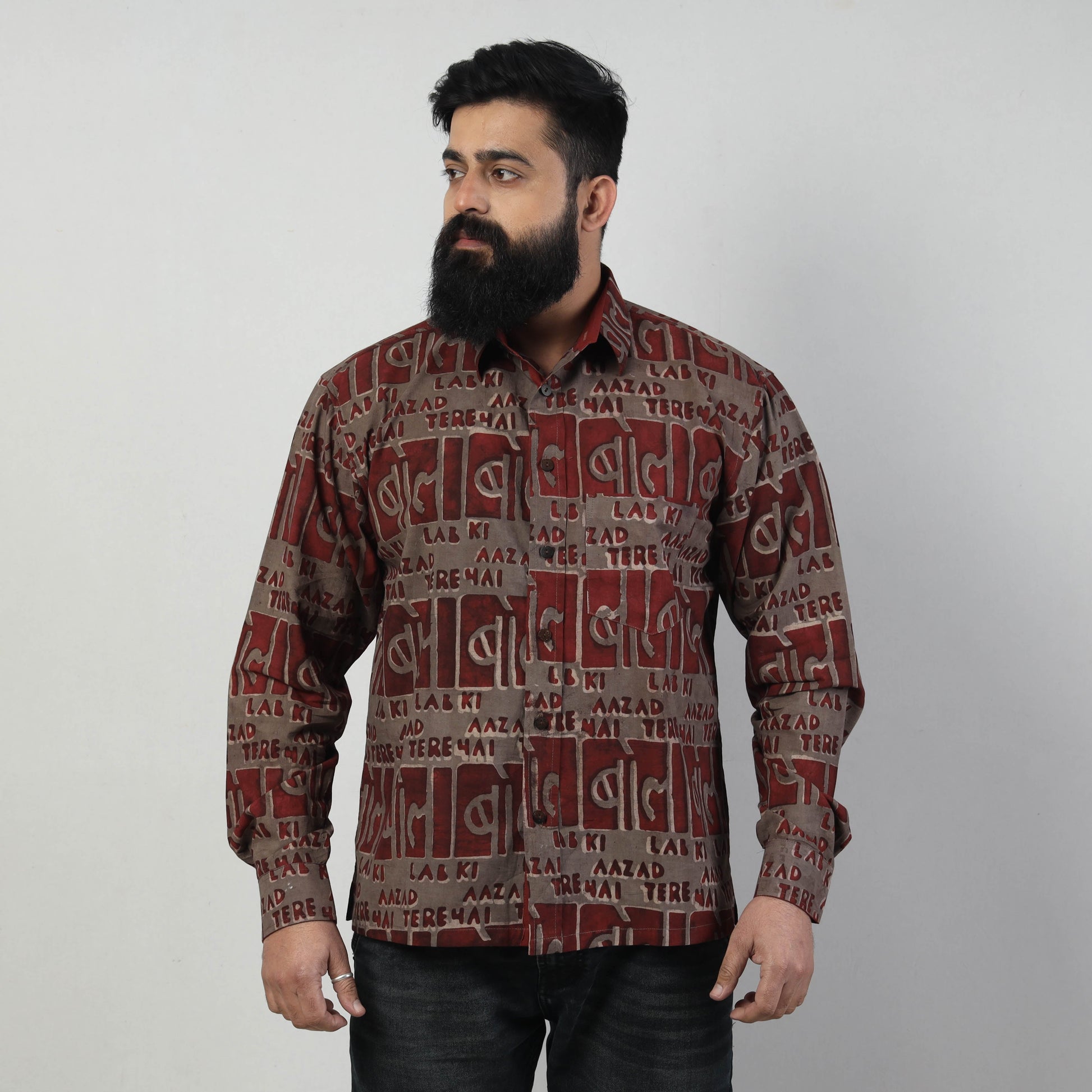 Brown - Bindaas Block Art Printed Cotton Men Full Sleeve Shirt
