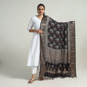Black - Block Print Dola Silk Ajrakh Dupatta 06