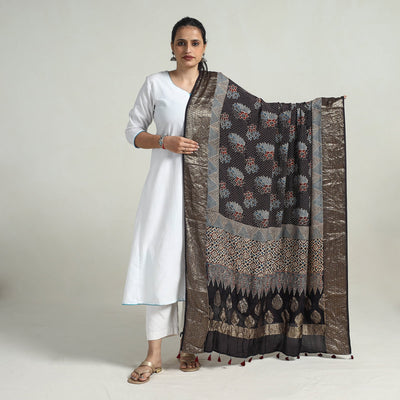 Black - Block Print Dola Silk Ajrakh Dupatta 06