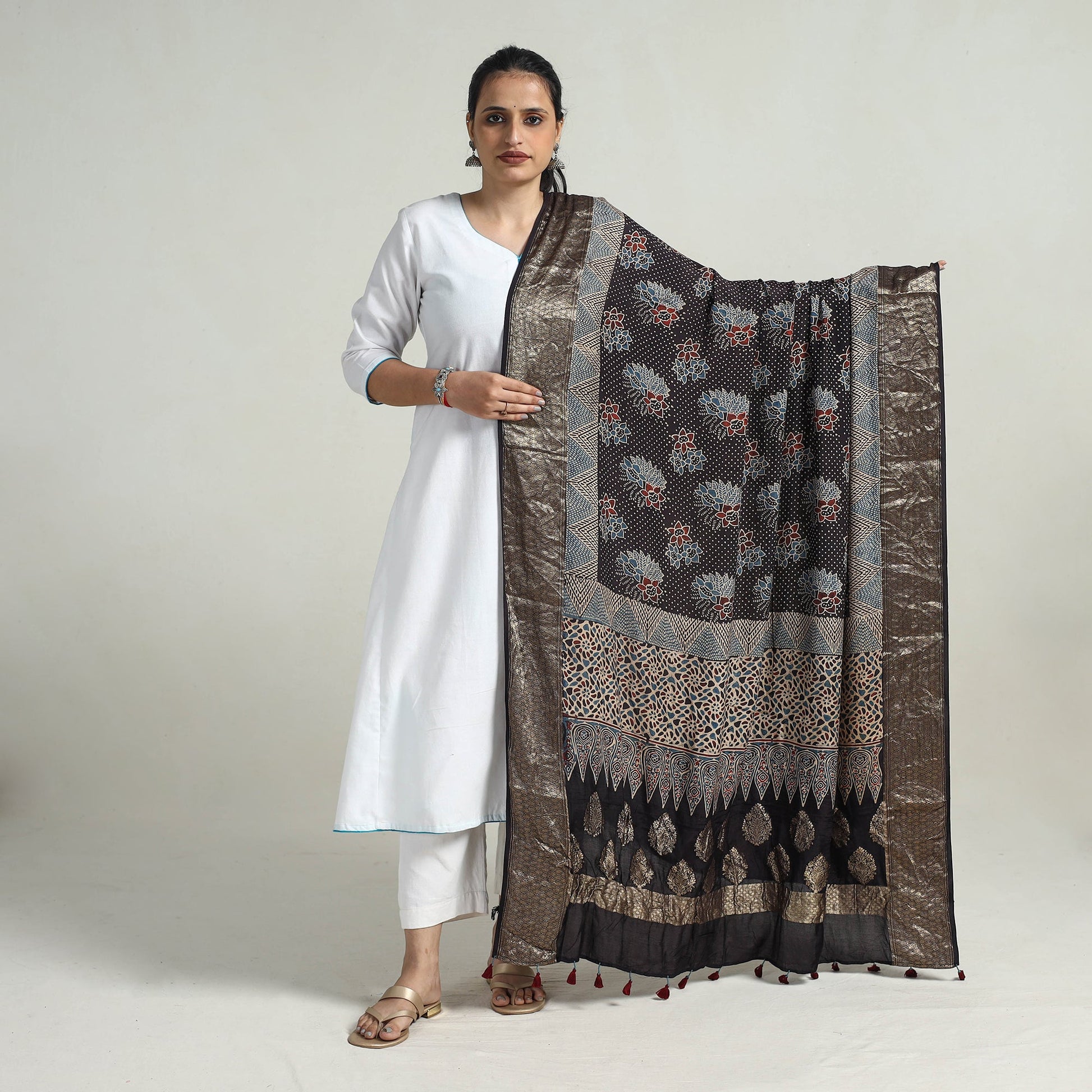 Black - Block Print Dola Silk Ajrakh Dupatta 06
