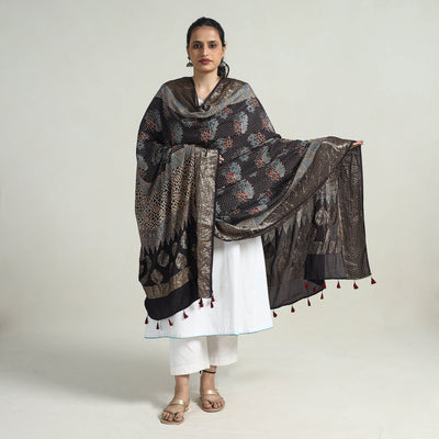 Black - Block Print Dola Silk Ajrakh Dupatta 06