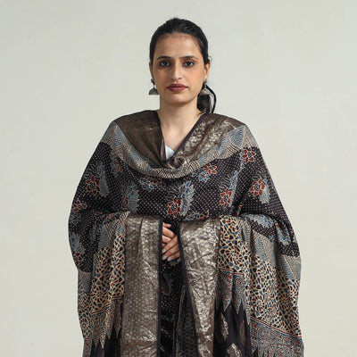 Black - Block Print Dola Silk Ajrakh Dupatta 06