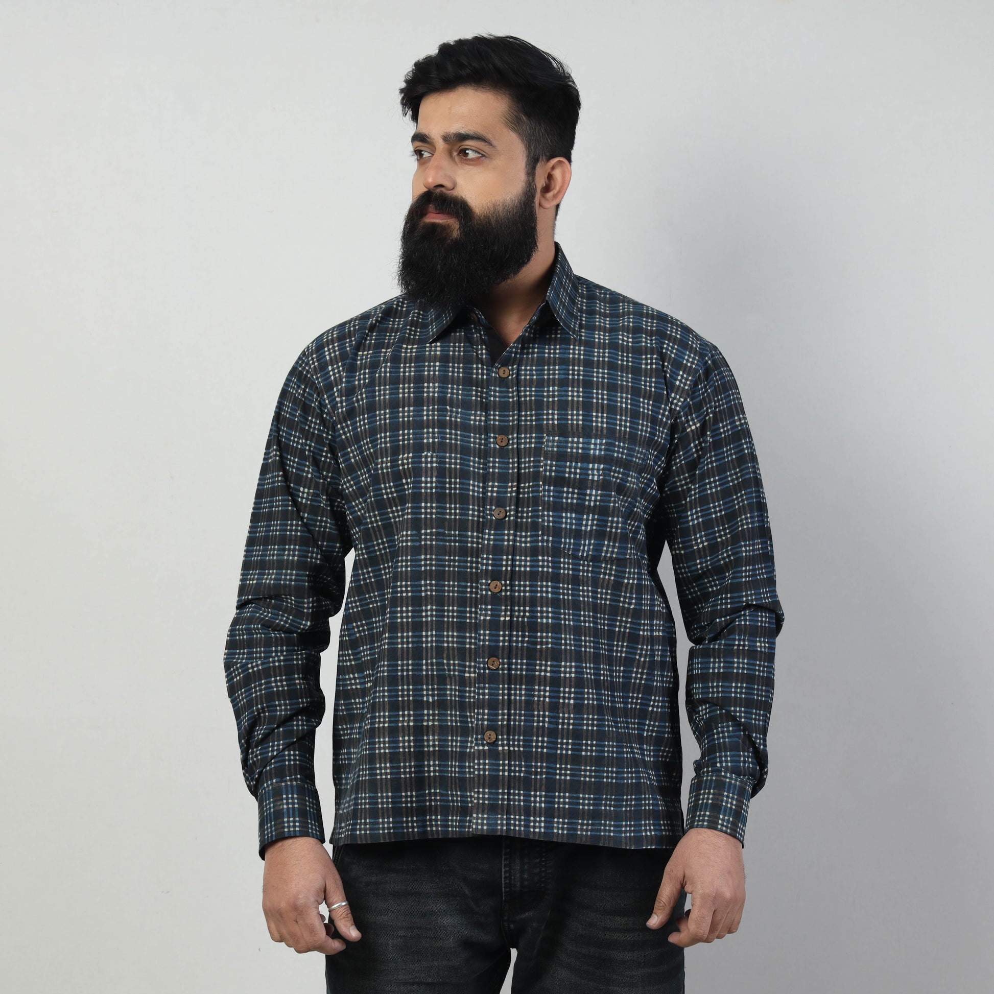 Blue - Bindaas Block Art Printed Cotton Men Full Sleeve Shirt