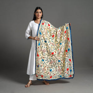 Beige - Hand Embroidery Chanderi Silk Phulkari Dupatta 21