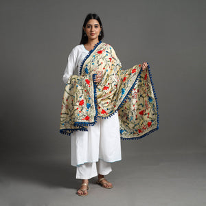 Beige - Hand Embroidery Chanderi Silk Phulkari Dupatta 21