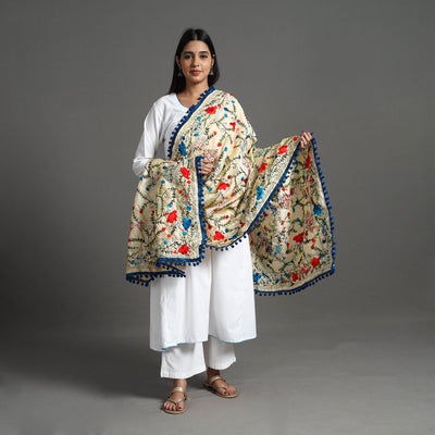 Beige - Hand Embroidery Chanderi Silk Phulkari Dupatta 21