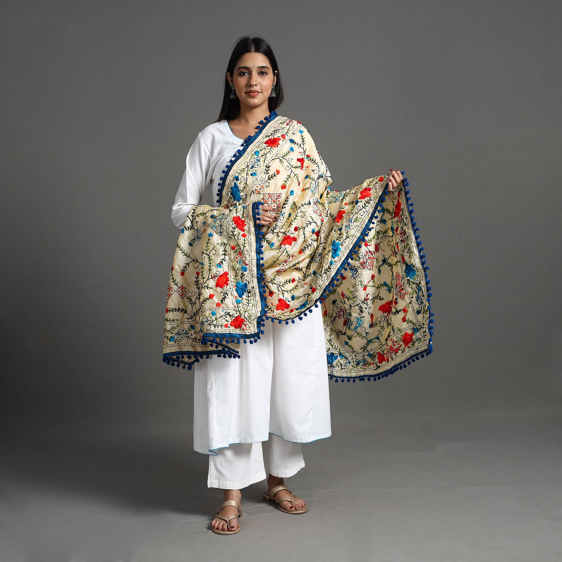 Beige - Hand Embroidery Chanderi Silk Phulkari Dupatta 21