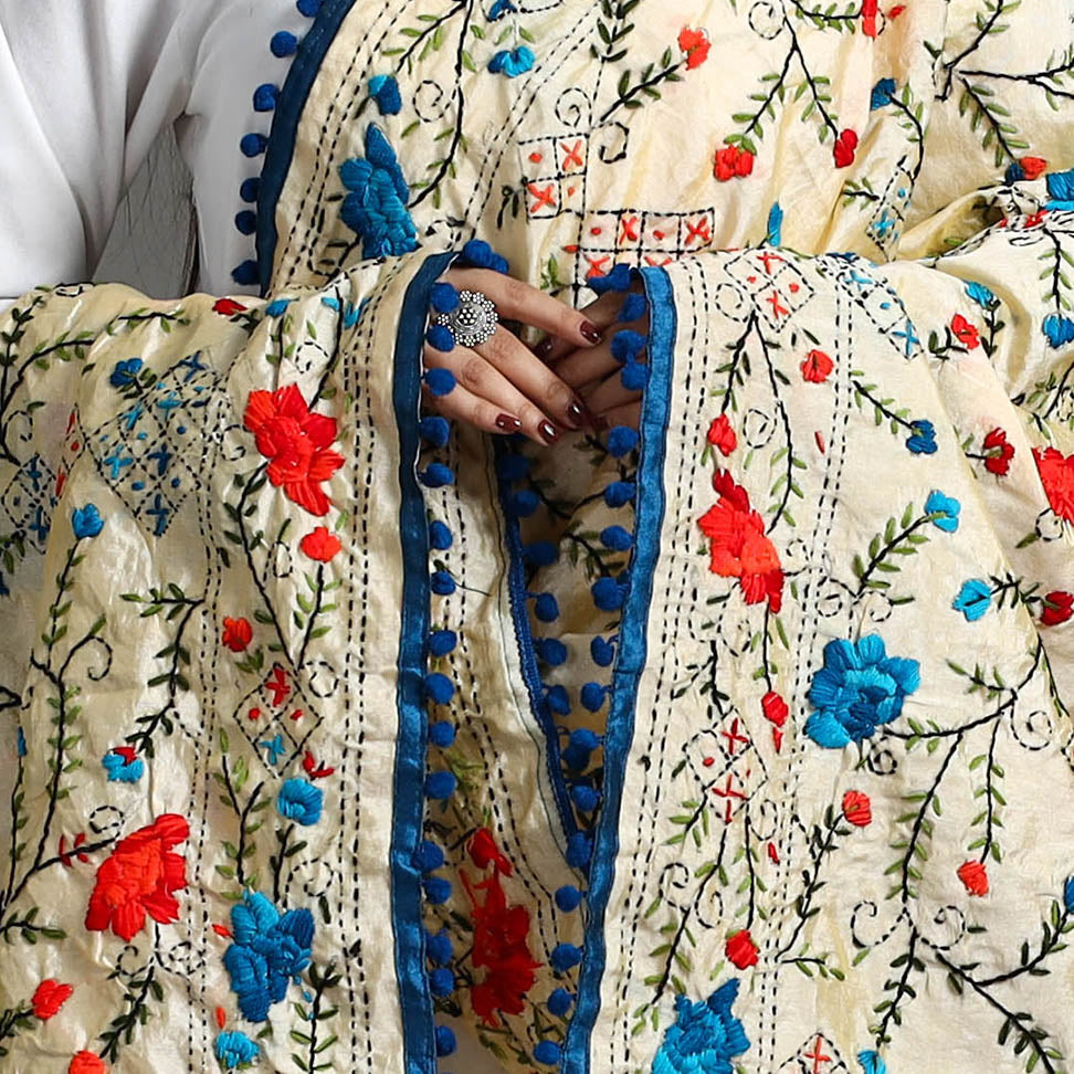Beige - Hand Embroidery Chanderi Silk Phulkari Dupatta 21