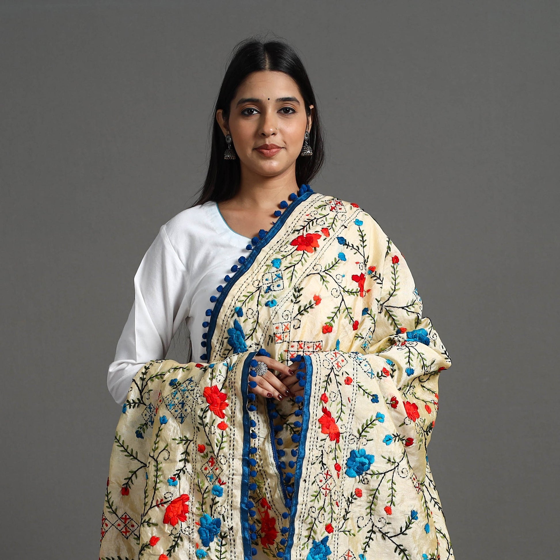 Beige - Hand Embroidery Chanderi Silk Phulkari Dupatta 21