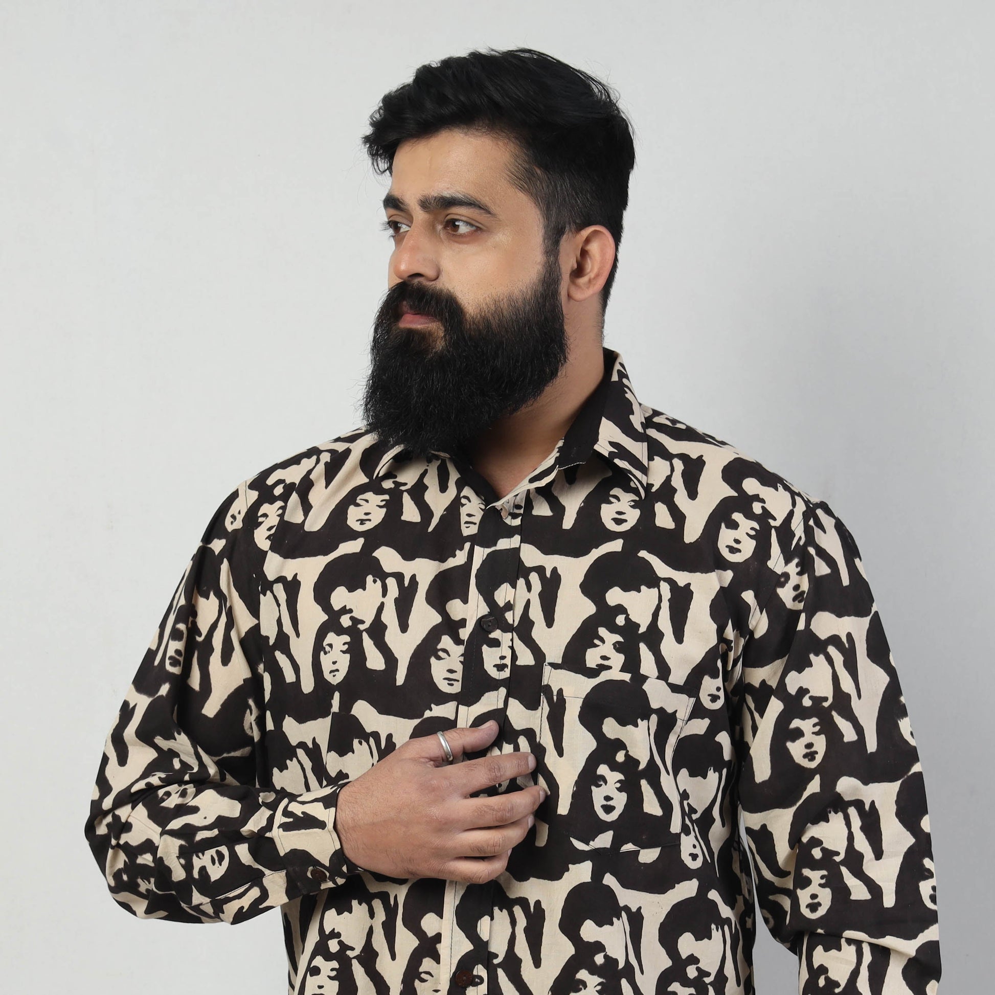 Beige - Bindaas Block Art Printed Cotton Men Full Sleeve Shirt