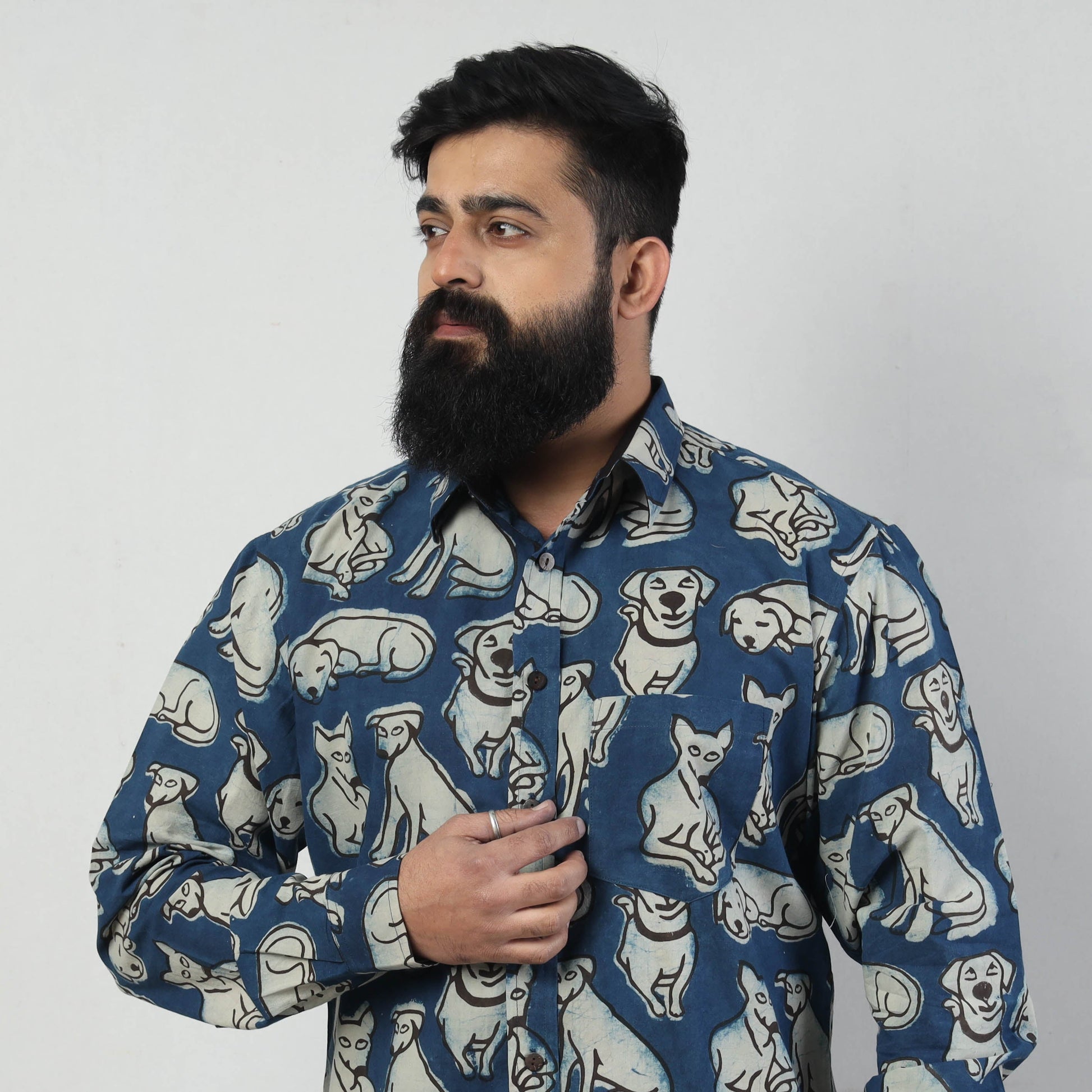 Blue - Bindaas Block Art Printed Cotton Men Full Sleeve Shirt
