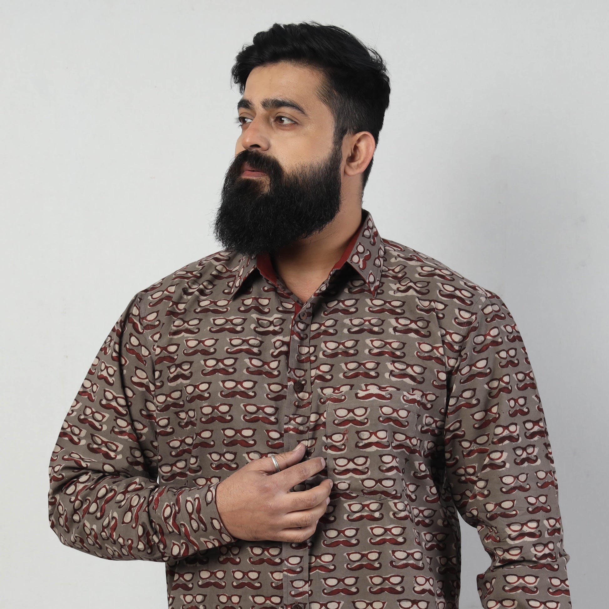 Brown - Bindaas Block Art Printed Cotton Men Full Sleeve Shirt