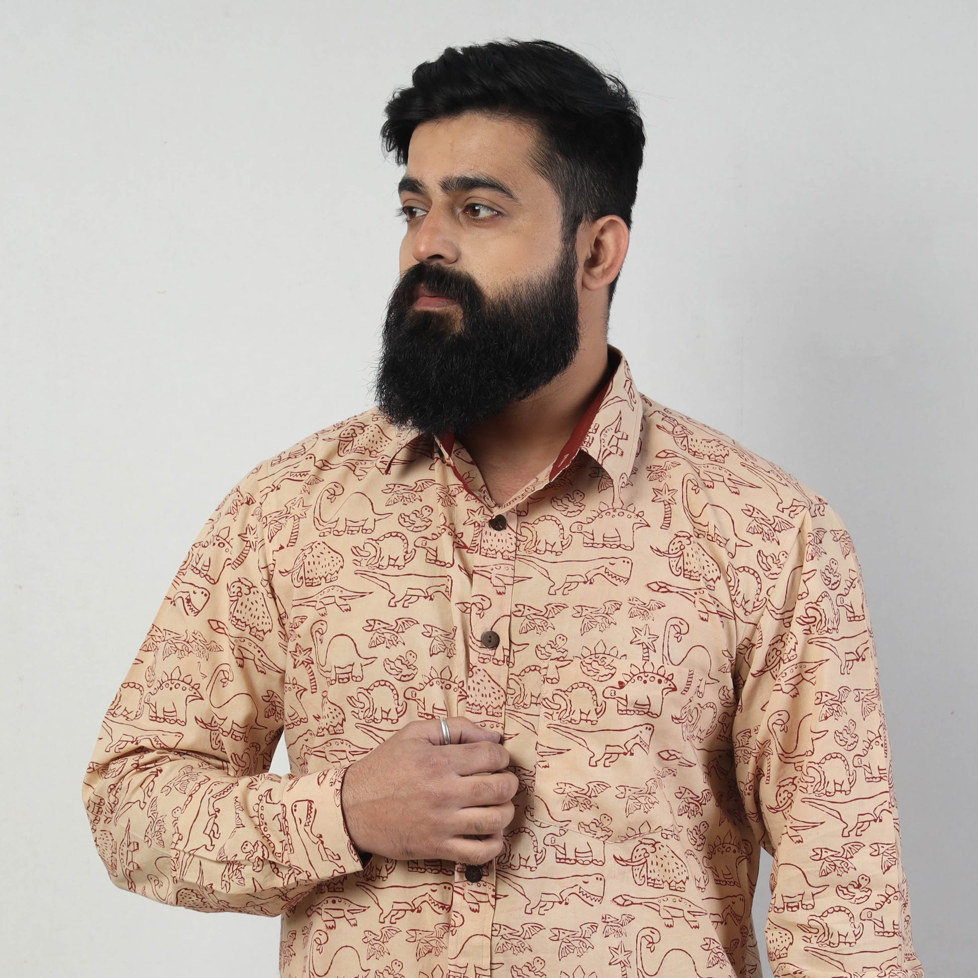Beige - Bindaas Block Art Printed Cotton Men Full Sleeve Shirt