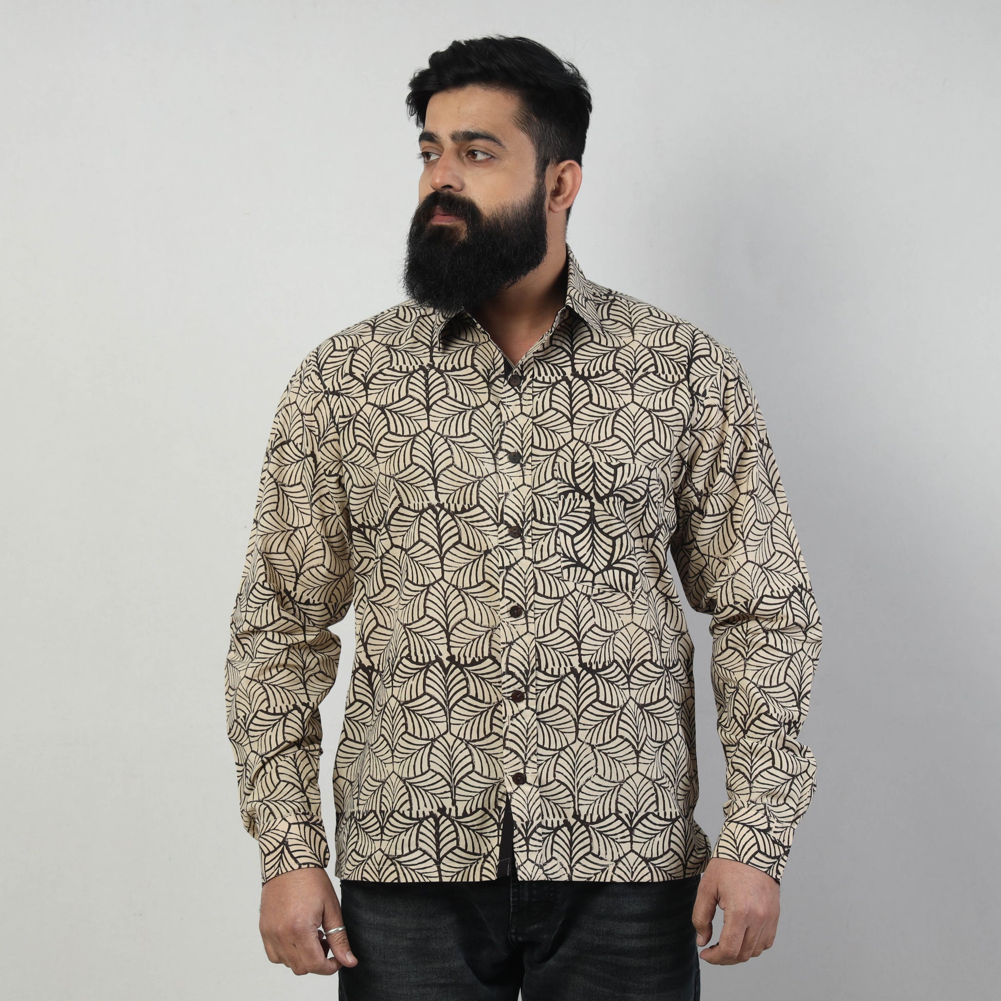 Beige - Bindaas Block Art Printed Cotton Men Full Sleeve Shirt