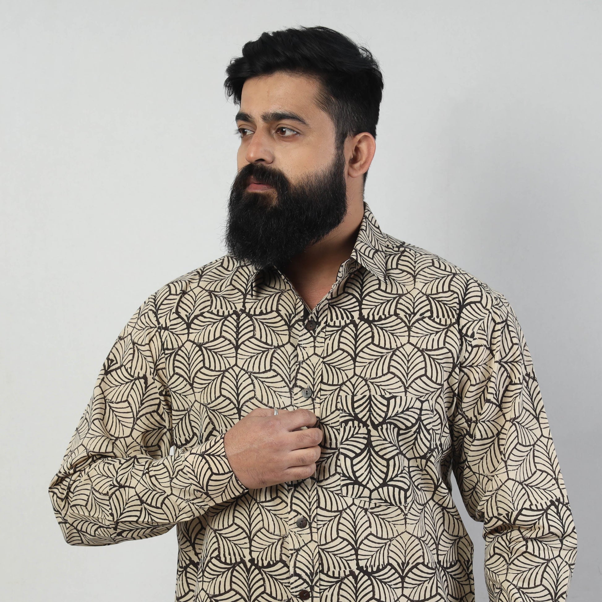 Beige - Bindaas Block Art Printed Cotton Men Full Sleeve Shirt