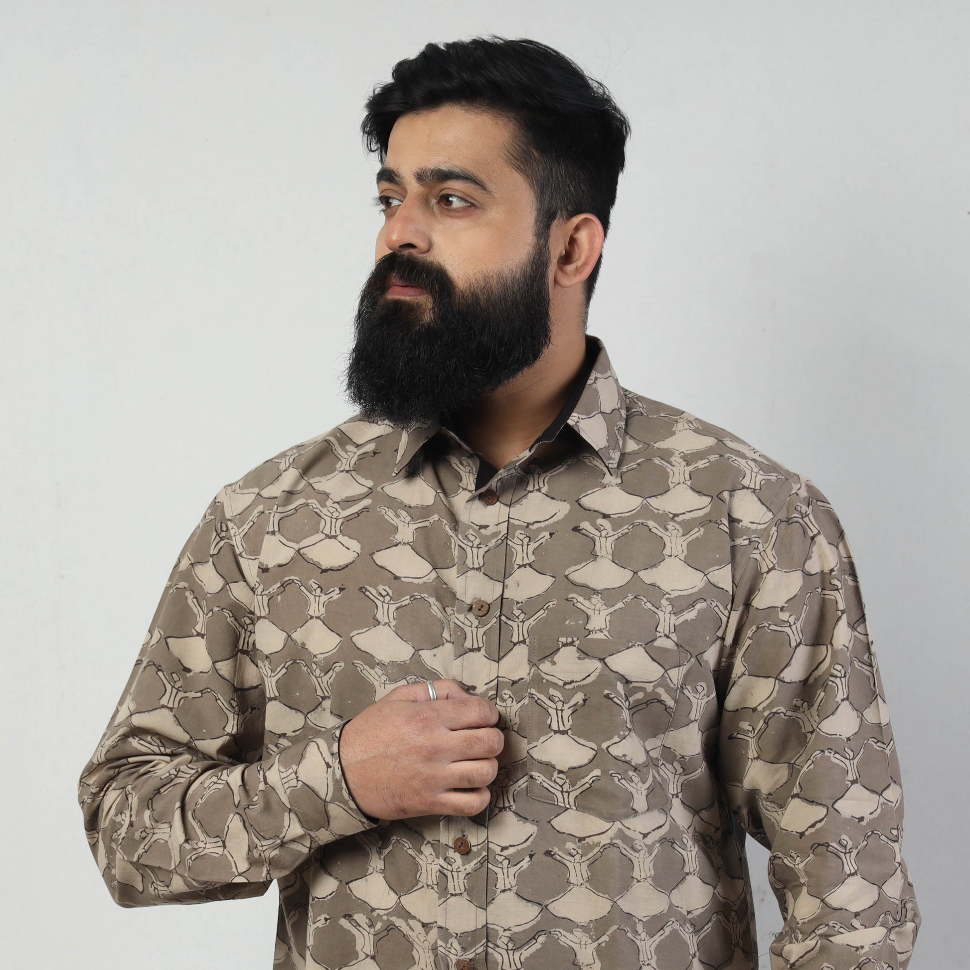 Brown - Bindaas Block Art Printed Cotton Men Full Sleeve Shirt