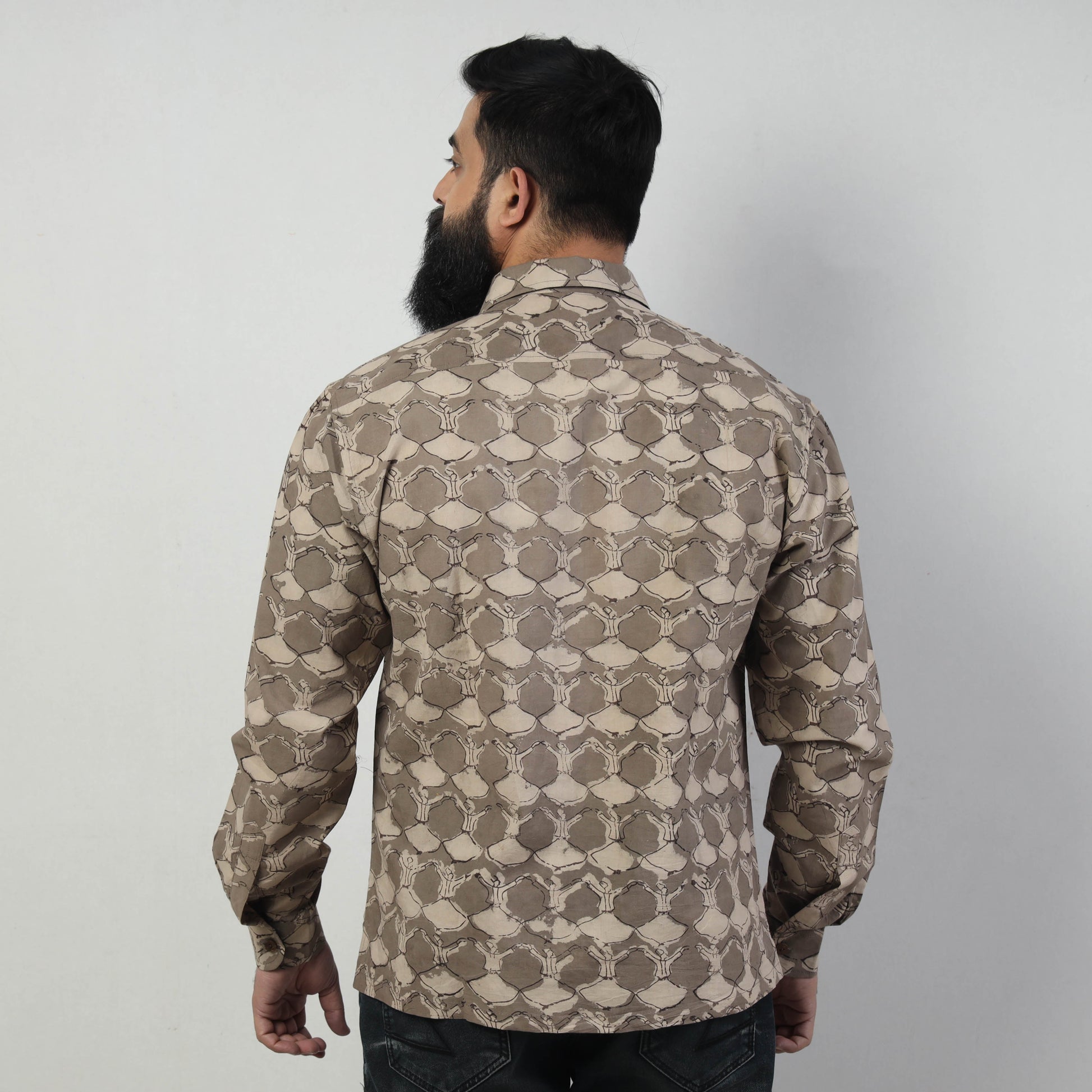 Brown - Bindaas Block Art Printed Cotton Men Full Sleeve Shirt