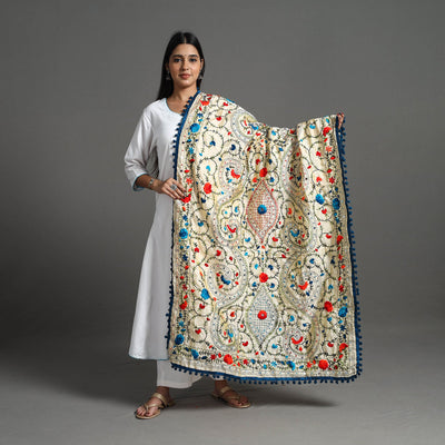 Beige - Hand Embroidery Chanderi Silk Phulkari Dupatta 35