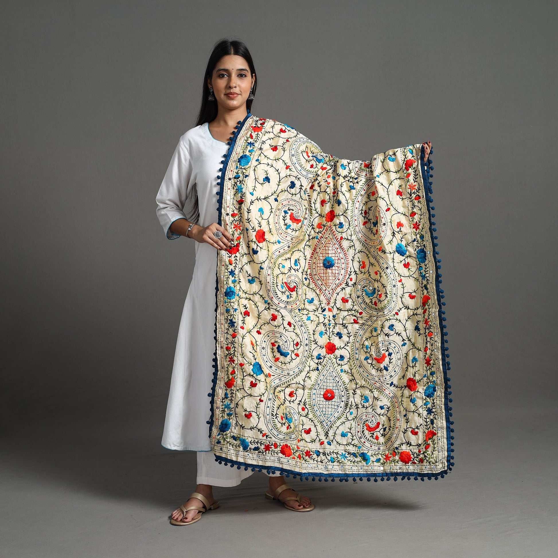 Beige - Hand Embroidery Chanderi Silk Phulkari Dupatta 35
