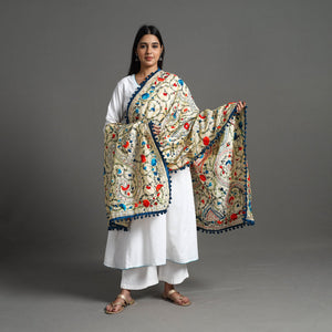 Beige - Hand Embroidery Chanderi Silk Phulkari Dupatta 35