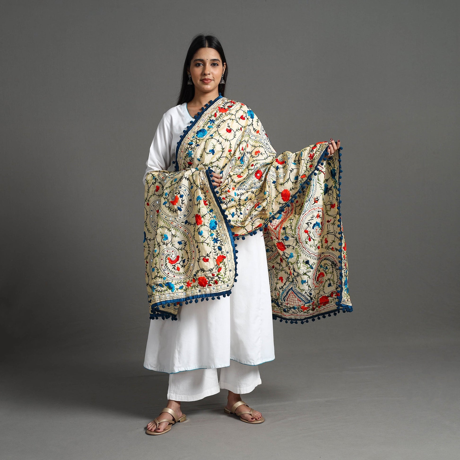 Beige - Hand Embroidery Chanderi Silk Phulkari Dupatta 35