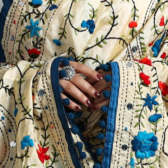 Beige - Hand Embroidery Chanderi Silk Phulkari Dupatta 35