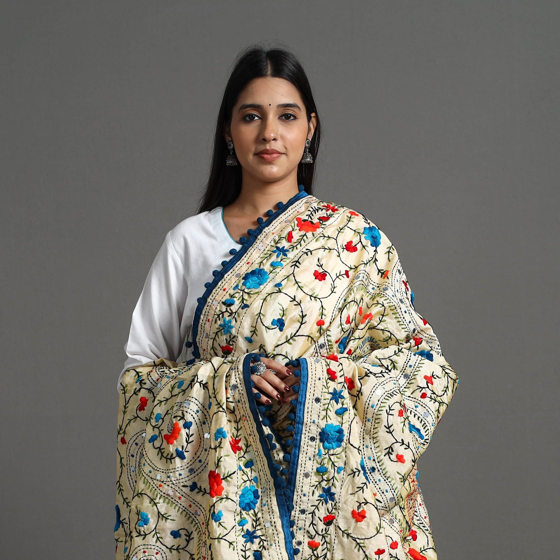 Beige - Hand Embroidery Chanderi Silk Phulkari Dupatta 35