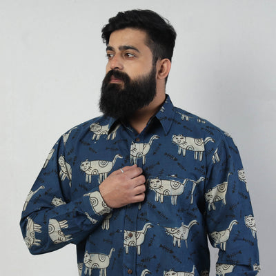 Blue - Bindaas Block Art Printed Cotton Men Full Sleeve Shirt