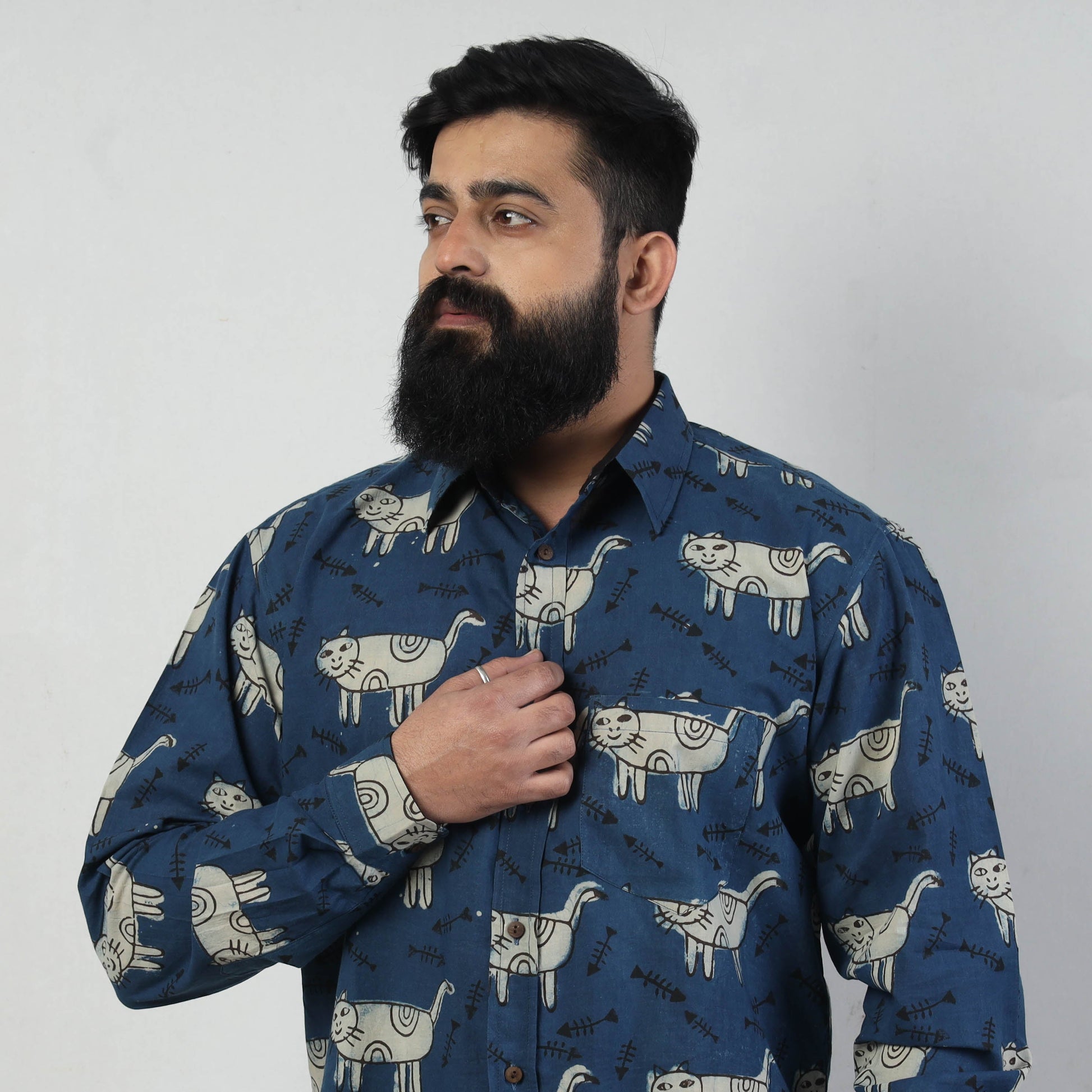 Blue - Bindaas Block Art Printed Cotton Men Full Sleeve Shirt