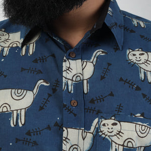 Blue - Bindaas Block Art Printed Cotton Men Full Sleeve Shirt